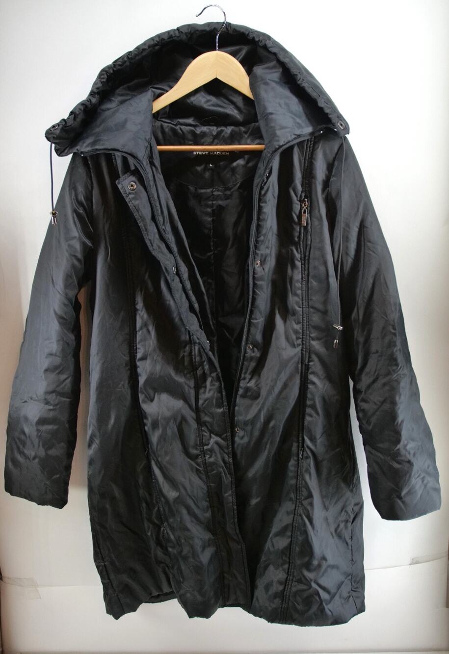 Steve Madden Down Puffer Jacket‎ Size L Slim Fit Black Long Coat Women's